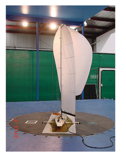 Downwind sails used to be developed with scaled models in a wind tunnel, but computational fluid dynamics has replaced wind tunnel and tow tank testing at ETNZ.  Credit: University of Auckland, Twisted Flow Wind Tunnel / Burns Fallow, 2002