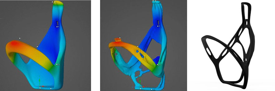 Initial, in-progress and completed versions of Predator Bicycle's Genius water bottle holder, which was optimized with Ansys Discovery.