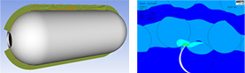 A cryogenic liquid/compressed hydrogen tank design using Ansys Composite PrepPost (ACP) on the left and embrittle/crack analysis in Ansys Mechanical on the right