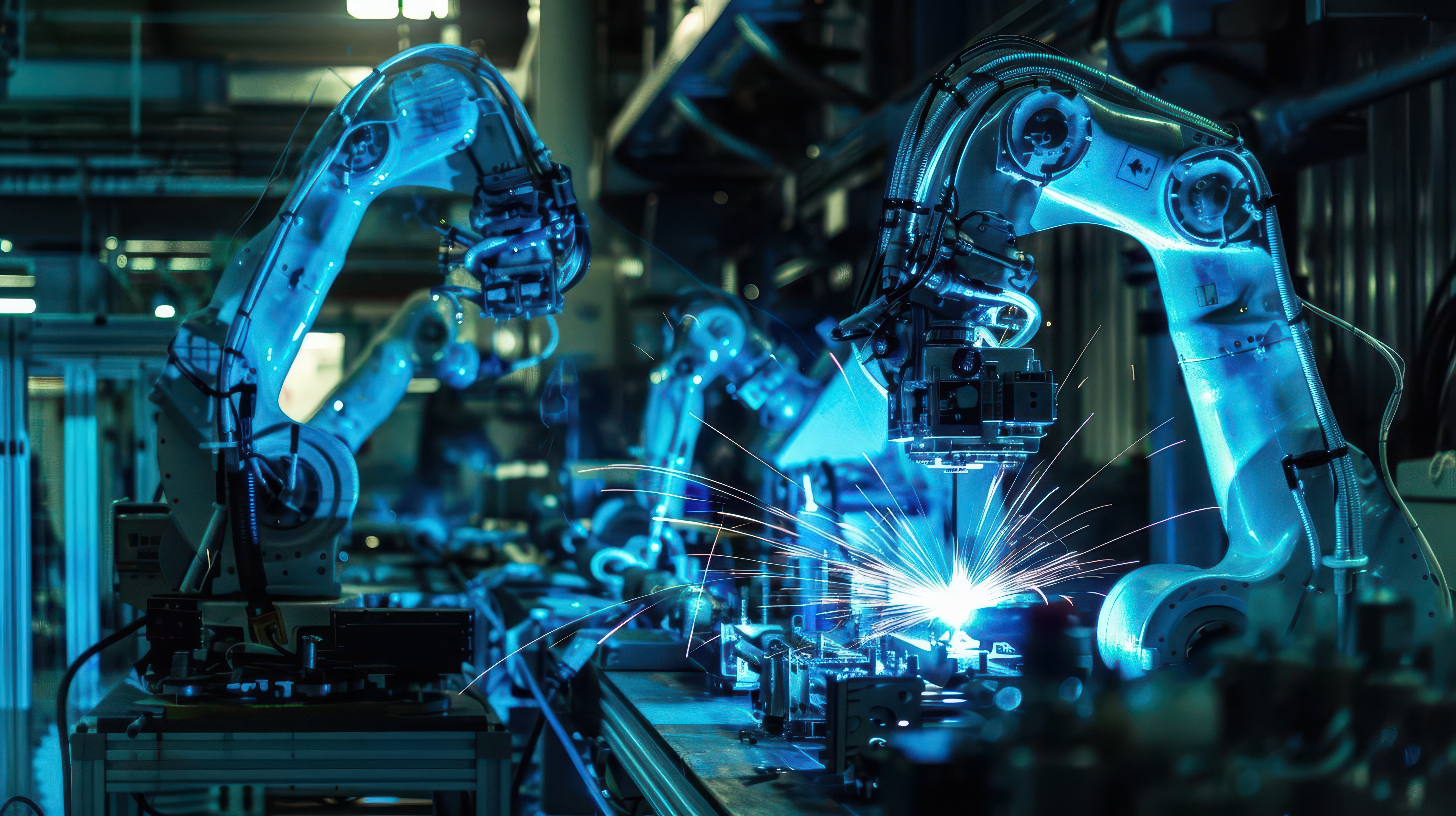 bioluminescent robotic arms intricate circuitry patterns precise welding in futuristic factory ethereal blue glow dynamic composition